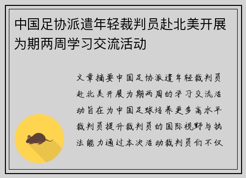 中国足协派遣年轻裁判员赴北美开展为期两周学习交流活动